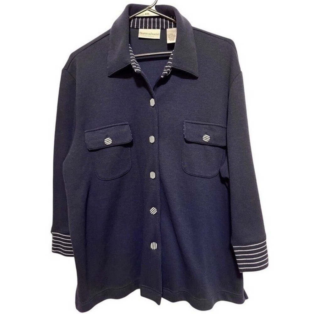 Drapers & Damons Shirt XL Petite Long Sleeve Blue White Button Down Blouse Top